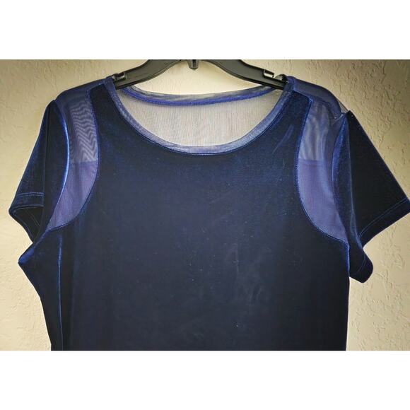 TOP/BLOUSE-INTERNATIONAL CONCEPTS-INC-Dark Blue Velvet-Netting-Short Sleeve-XL - Picture 3 of 10